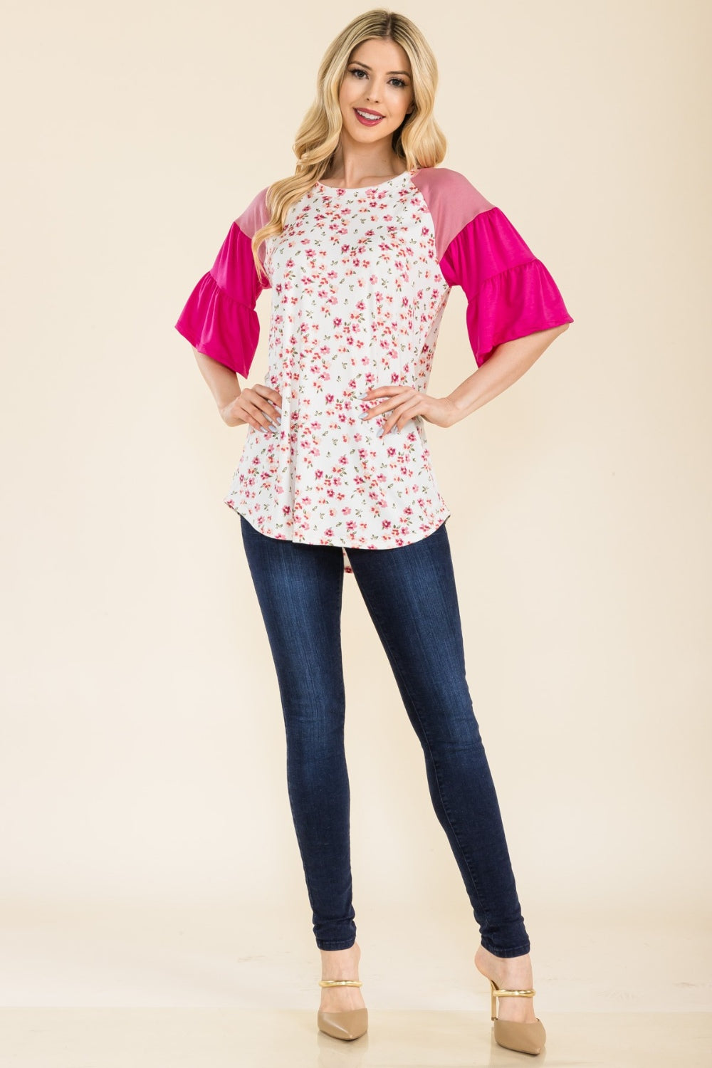 AC/DC Floral Contrast-Sleeve Top main image 0