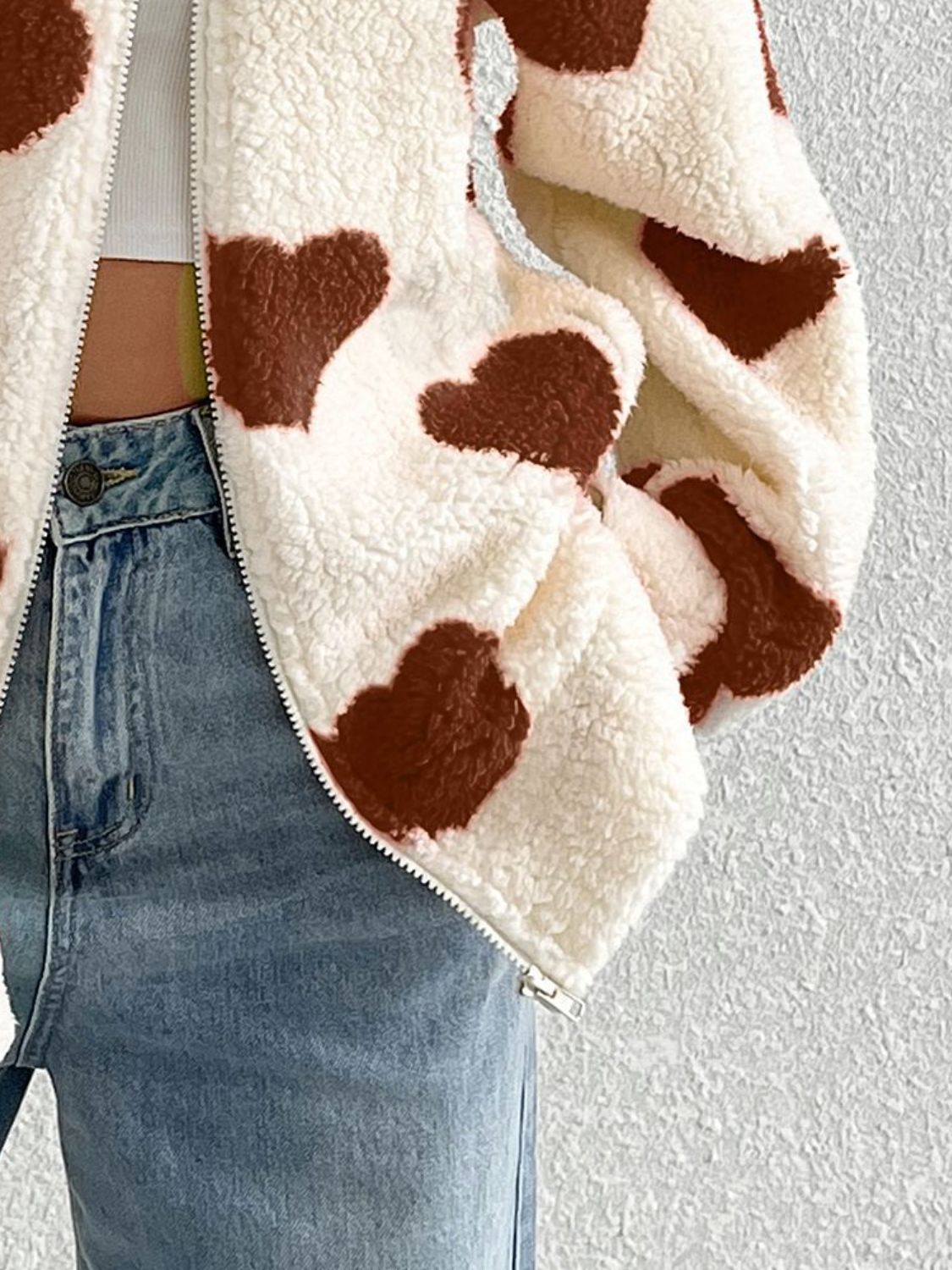Heart Zip Up Drop Shoulder Furry Jacket – Charming Charlie