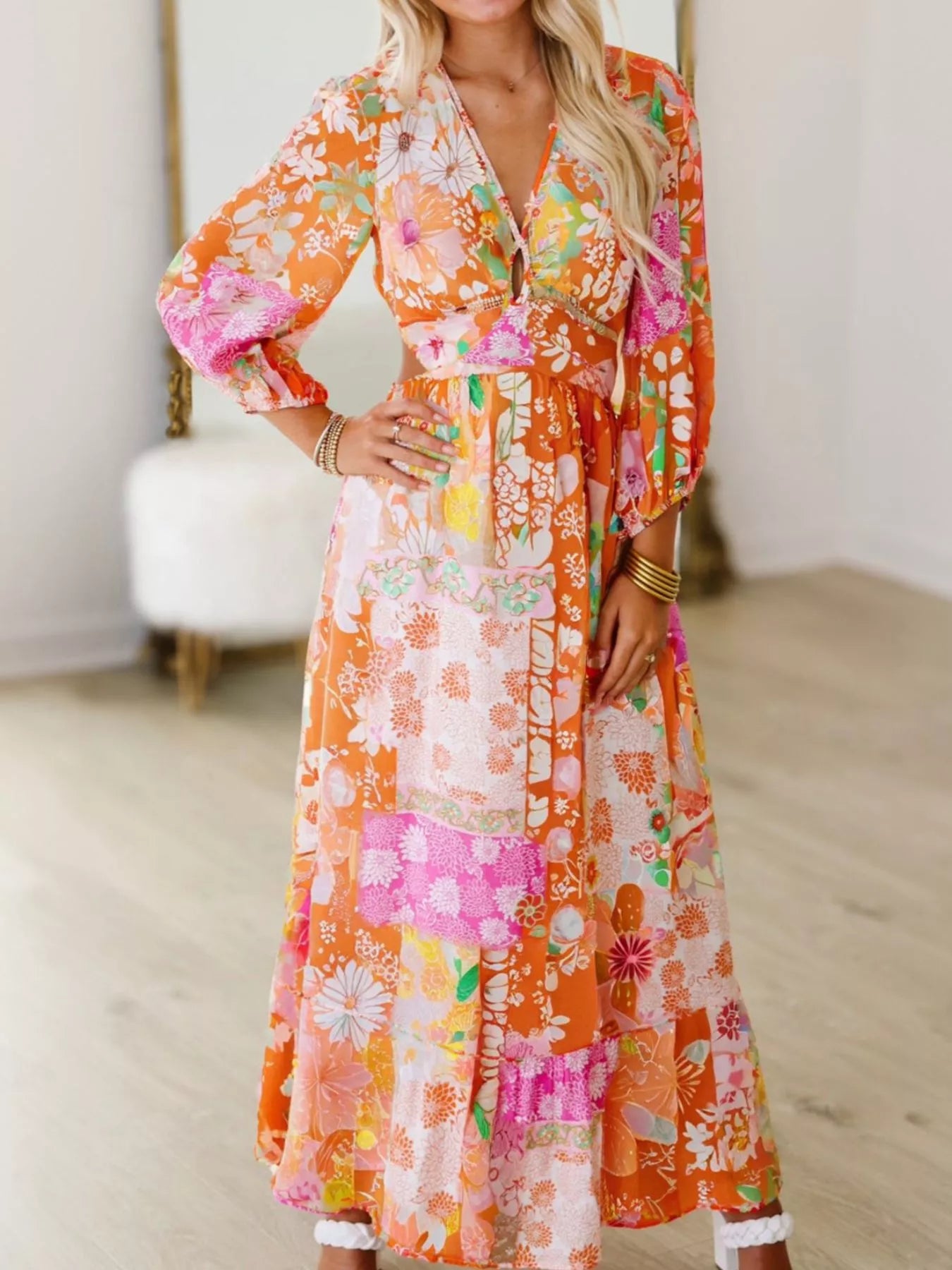 Vibrant Floral Long Sleeve Dress with Lace-Up Back Floral / S