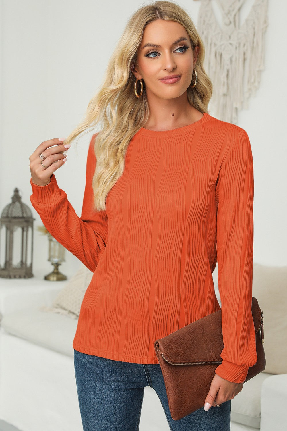 Textured Round Neck Long Sleeve Blouse - Charming Charlie