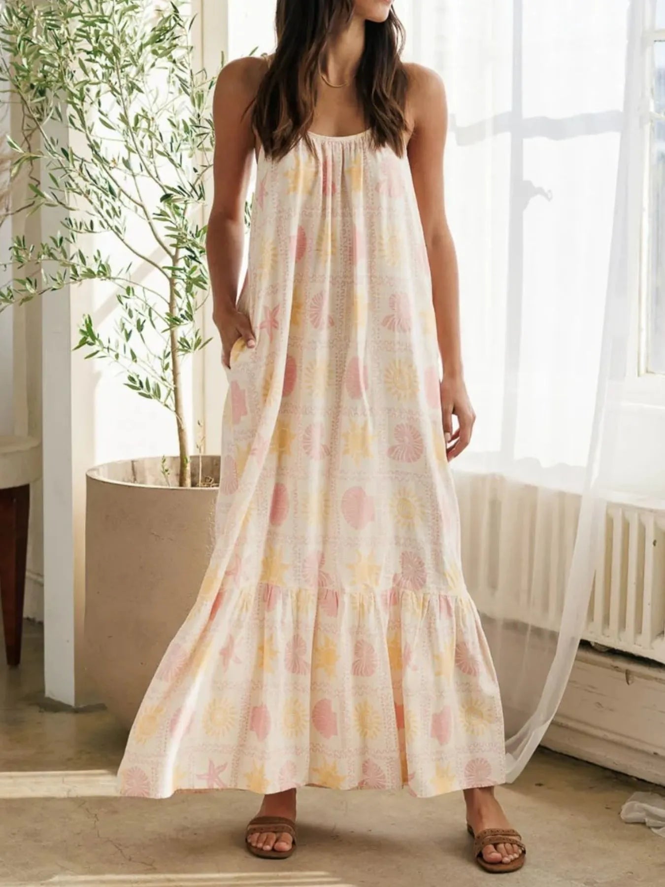 Printed Maxi Lounge Dress with Ruffled Hem – Charming Charlie