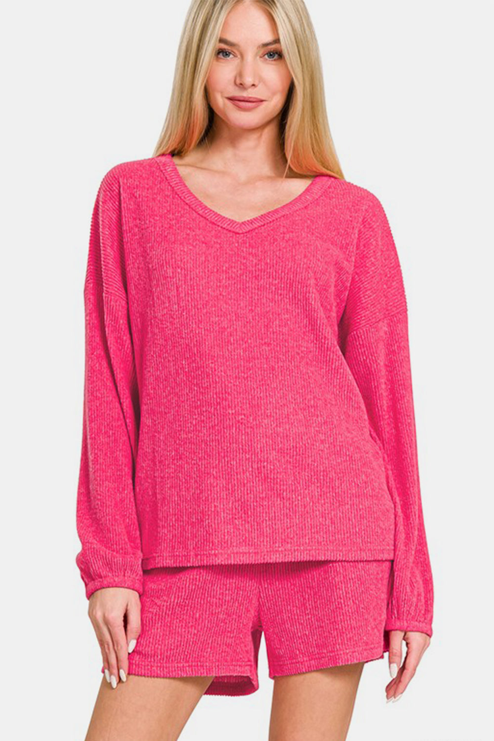 Zenana V-Neck Long Sleeve Ribbed Top and Shorts Set - Charming Charlie