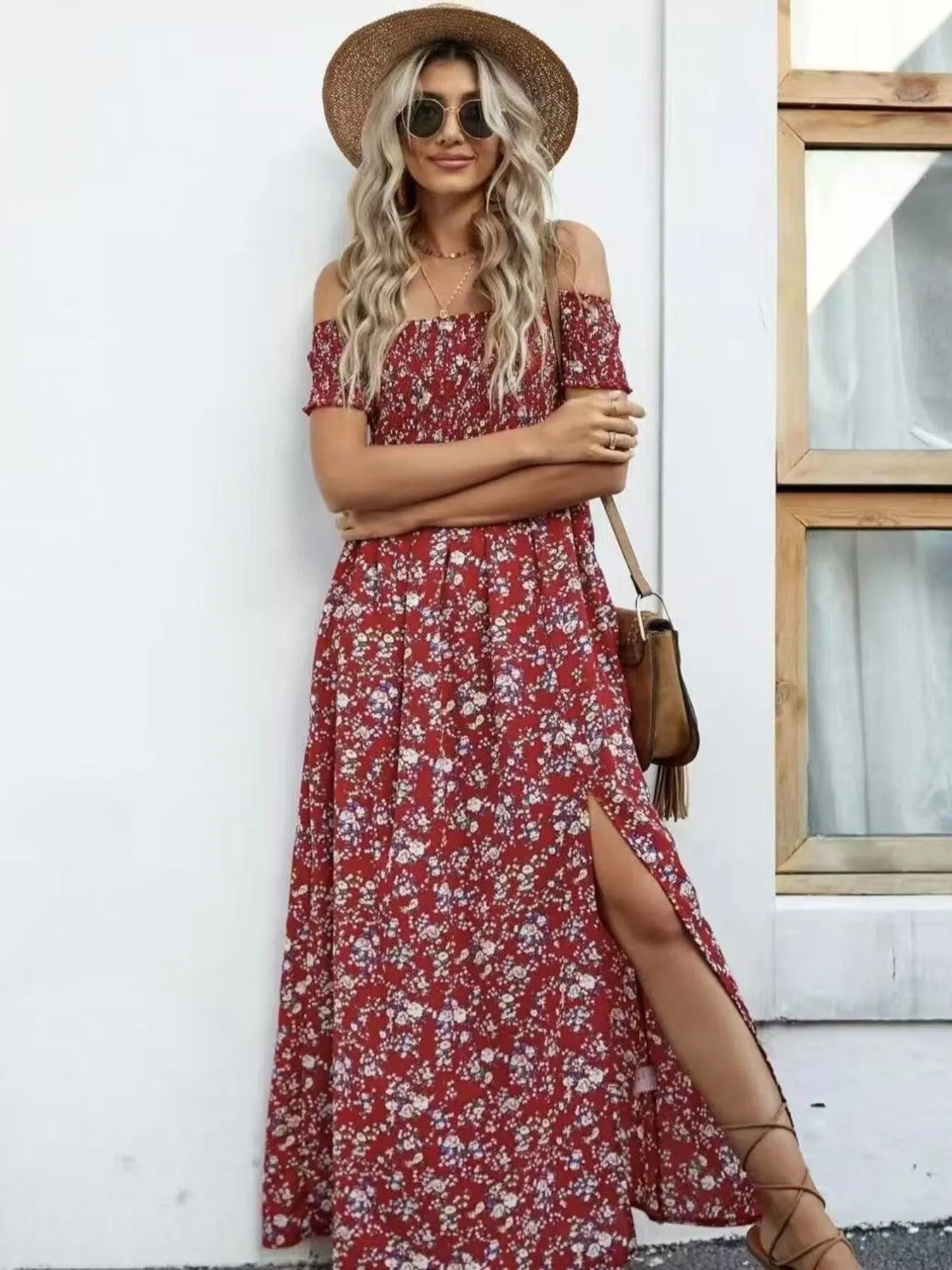 red floral off the shoulder maxi dress The Jocelyn Off-The-Shoulder Maxi Dress in Red Floral Medium