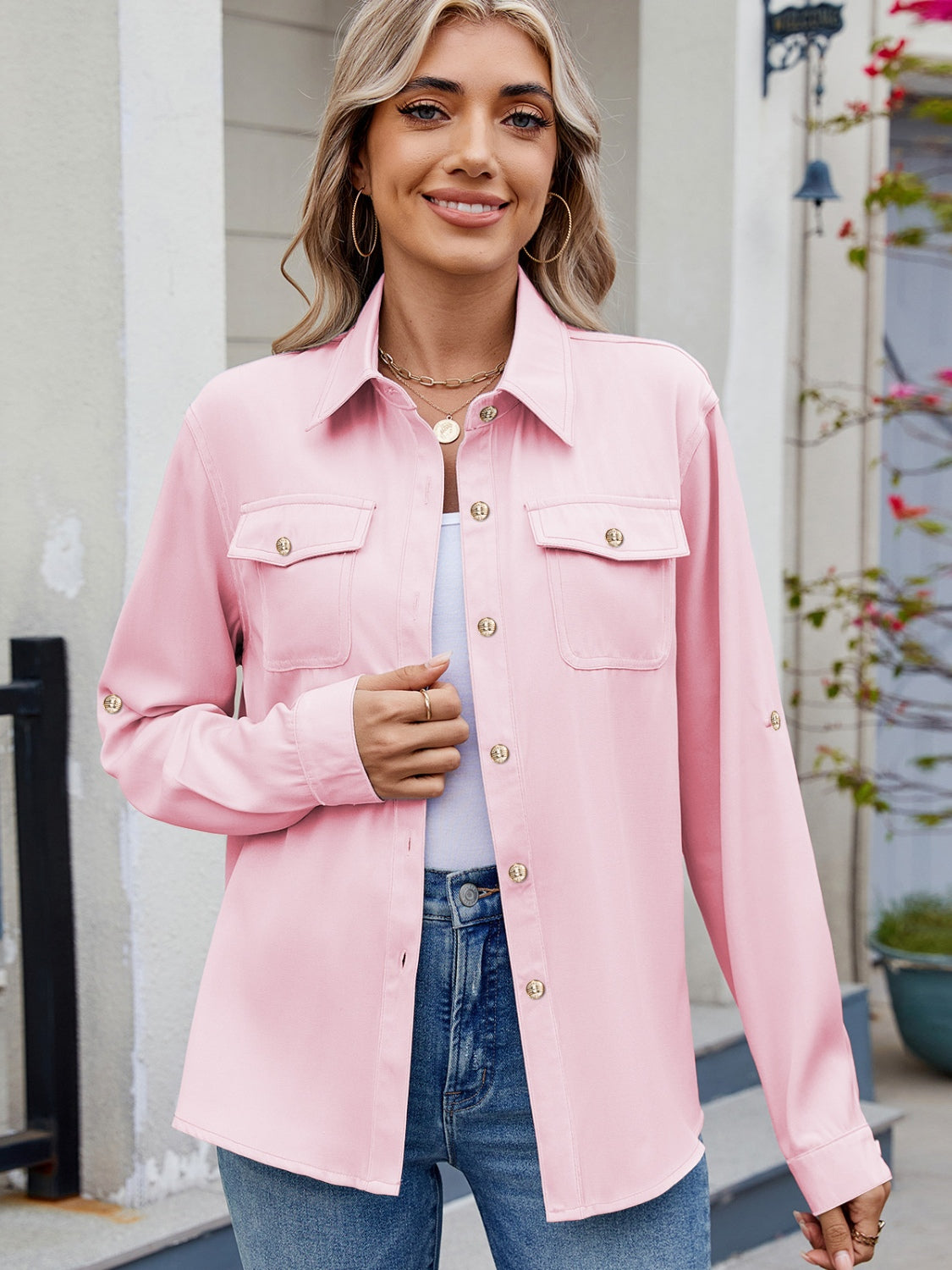 Solid Color Collared Neck Long Sleeve Shirt - Charming Charlie