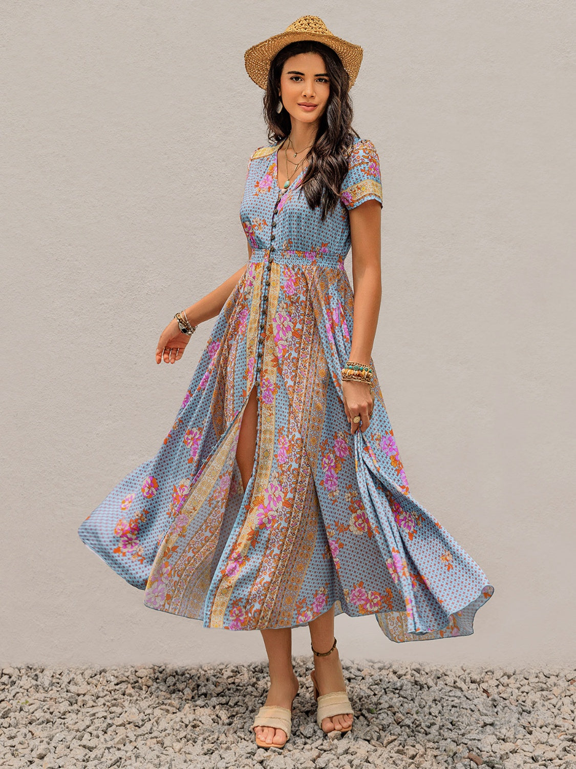 smocked short sleeve midi dress Wholesale MOQ6 Smocked Floral V-Neck Short Sleeve Midi Dress