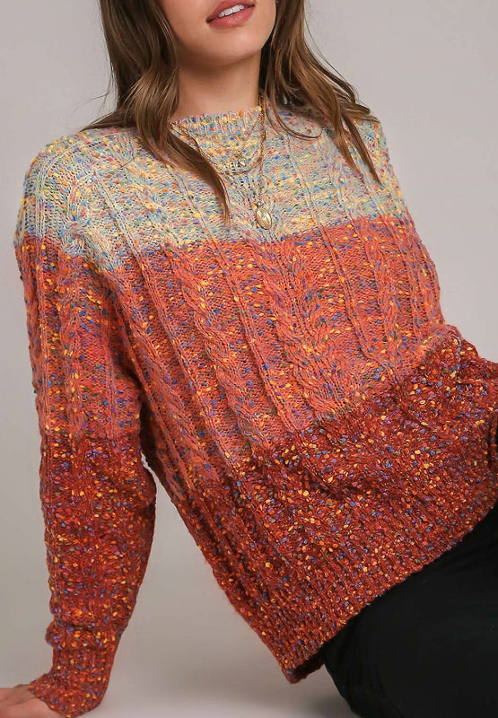 Cable-Knit Color Block Round Neck Long Sleeve Sweater - Charming Charlie