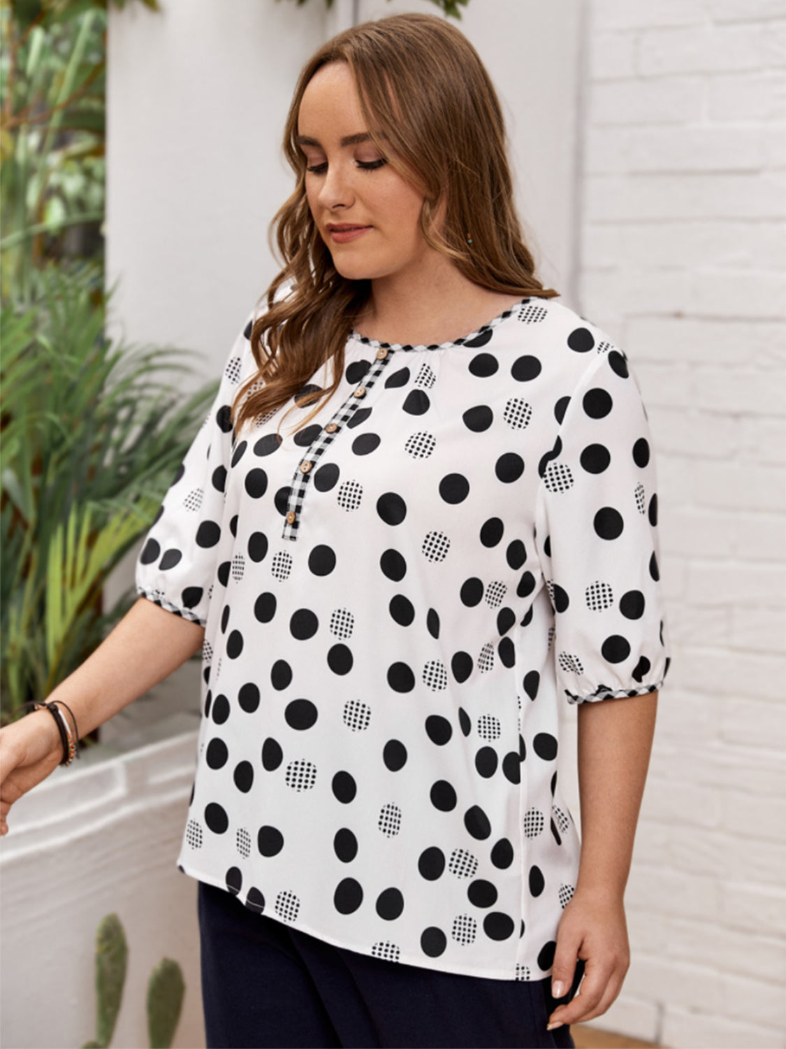 Plus Size Polka Dot Round Neck Half Sleeve Blouse - Charming Charlie