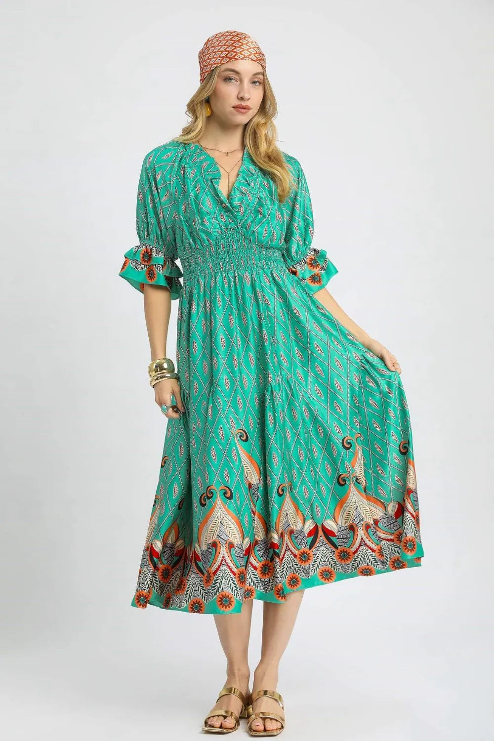 Umgee Printed Smocked Waist Flounce Sleeve Midi Dress – Charming Charlie