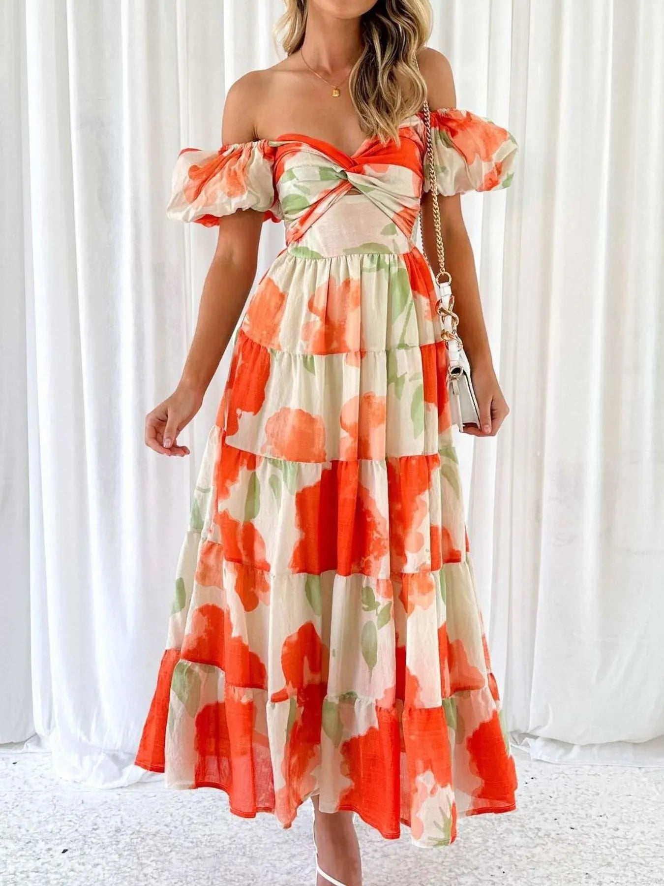 chinese dress ladies Off-Shoulder Floral Tiered Dress with Ruffle Details Orange / L