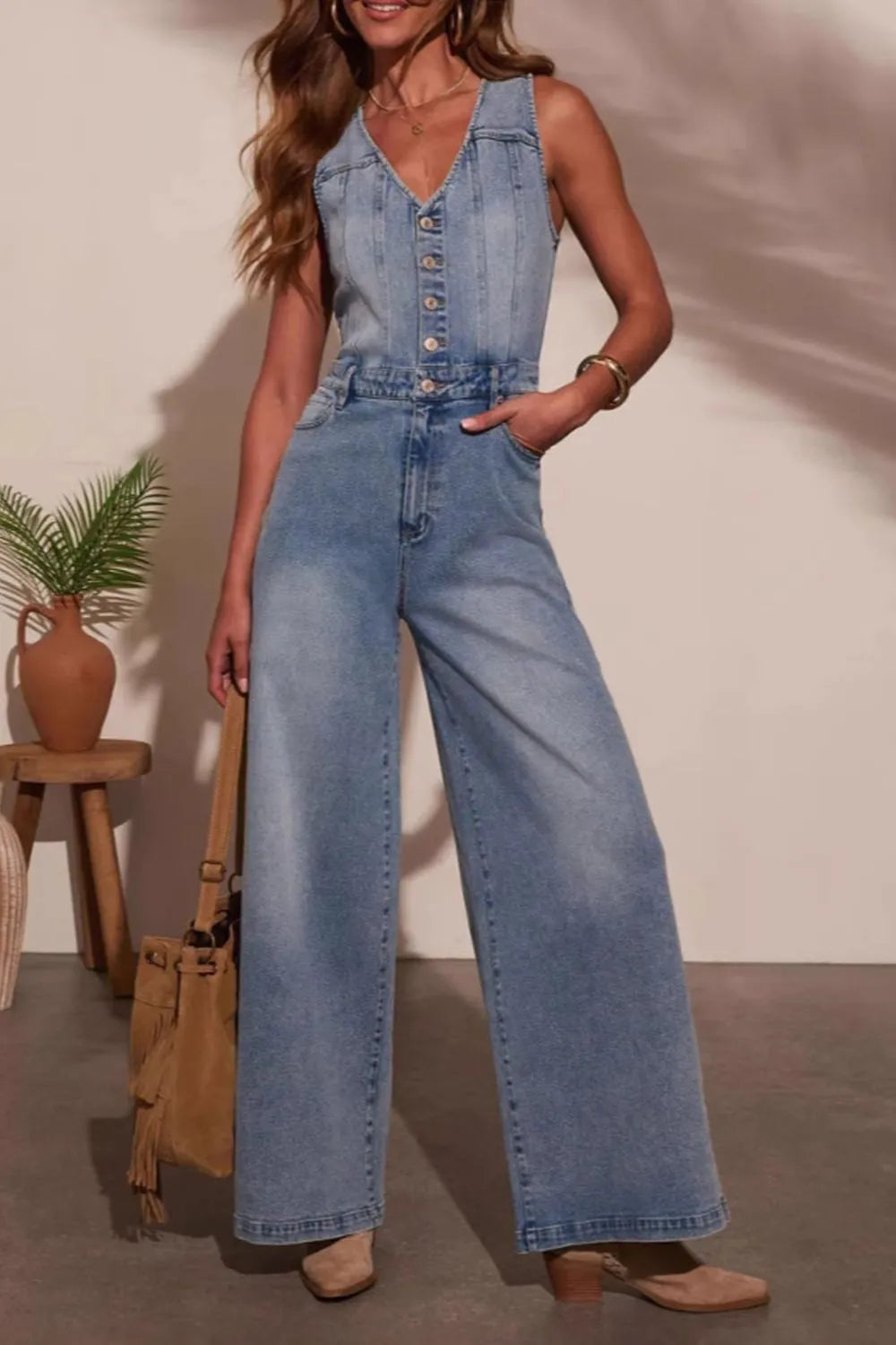 V-neck Wide Leg Denim Jumpsuit – Charming Charlie