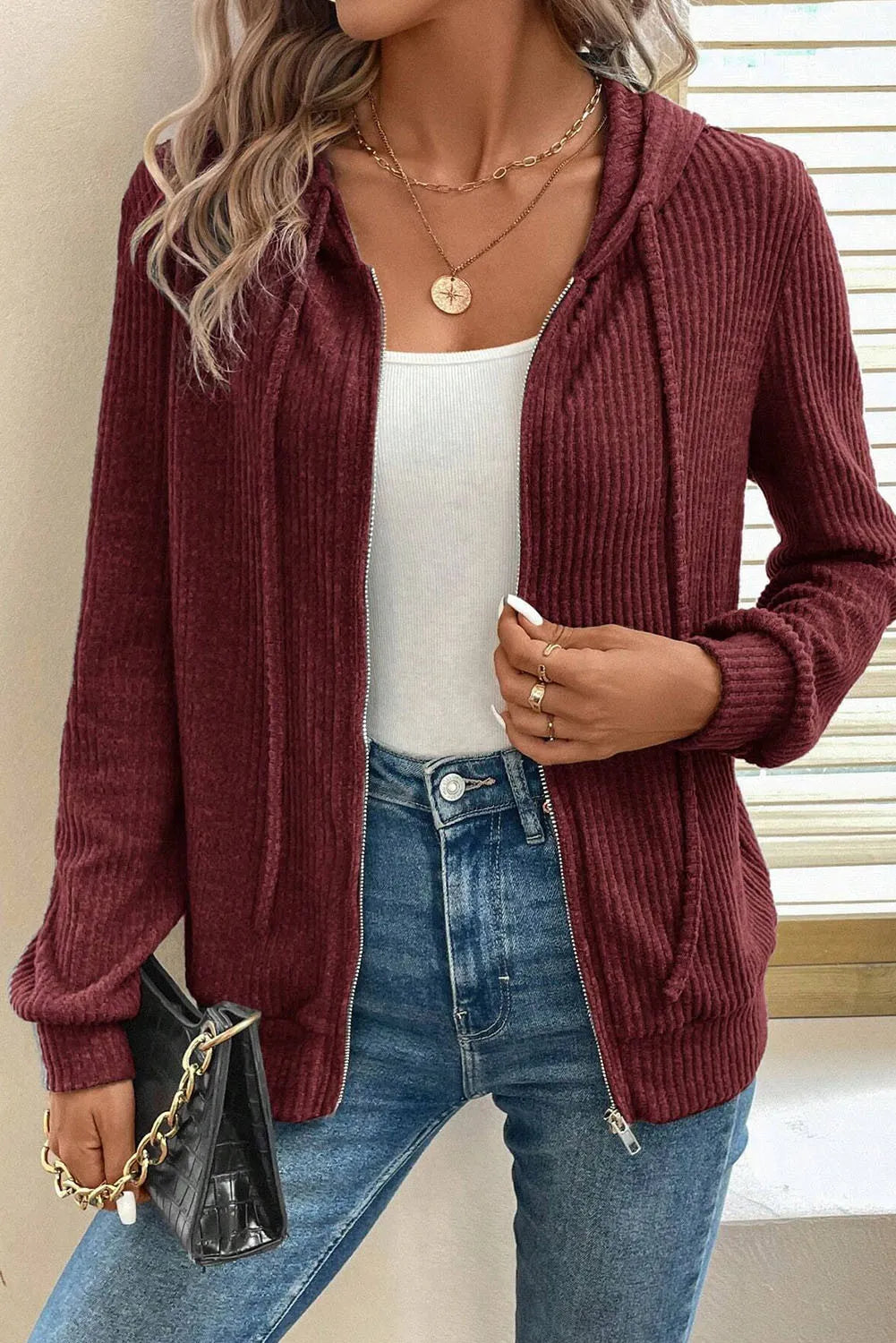 Drawstring Zip Up Long  Sleeve Hooded Jacket - Charming Charlie