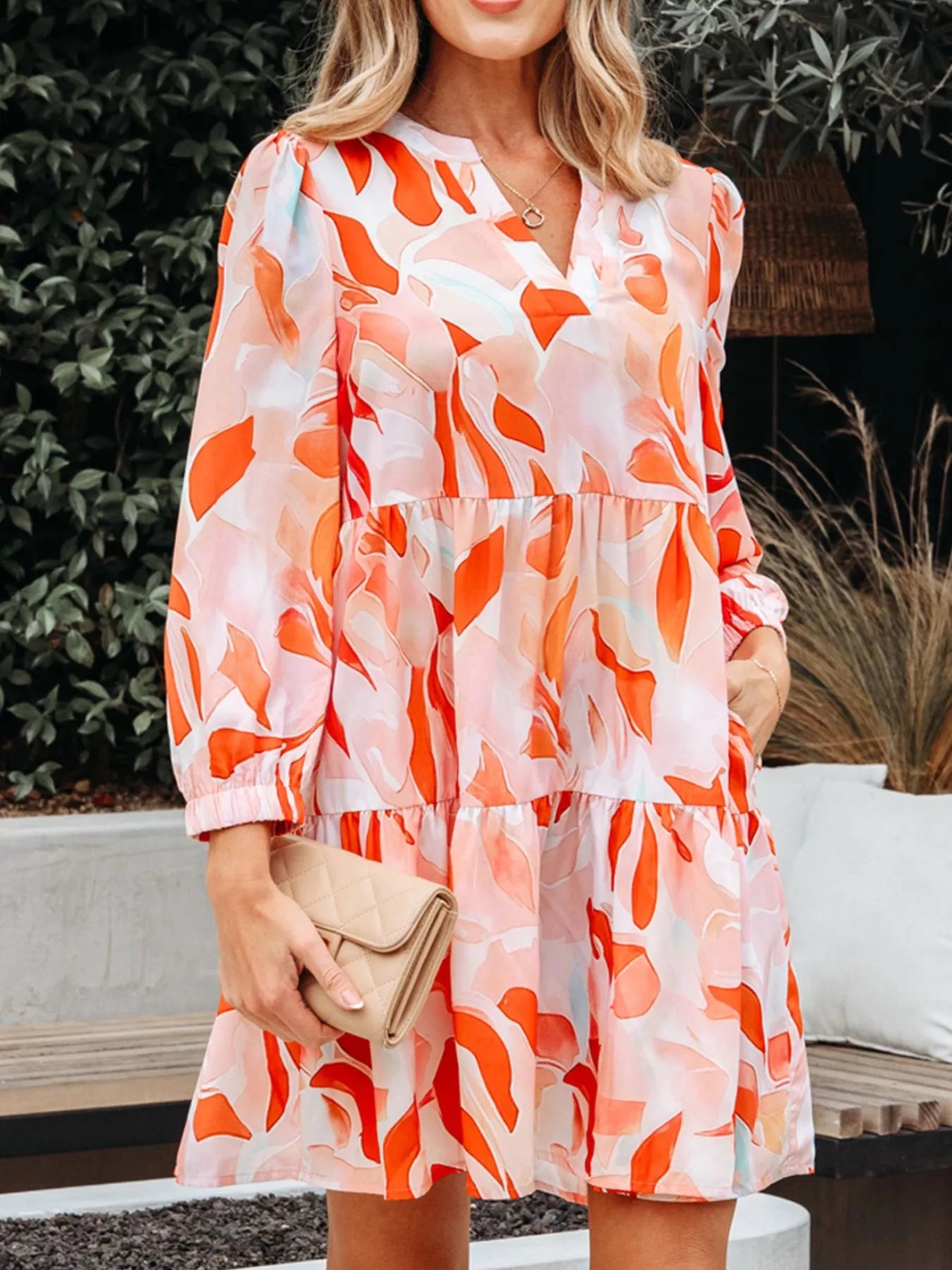 Abstract Print Long Sleeve Tiered Mini Dress Tangerine / M