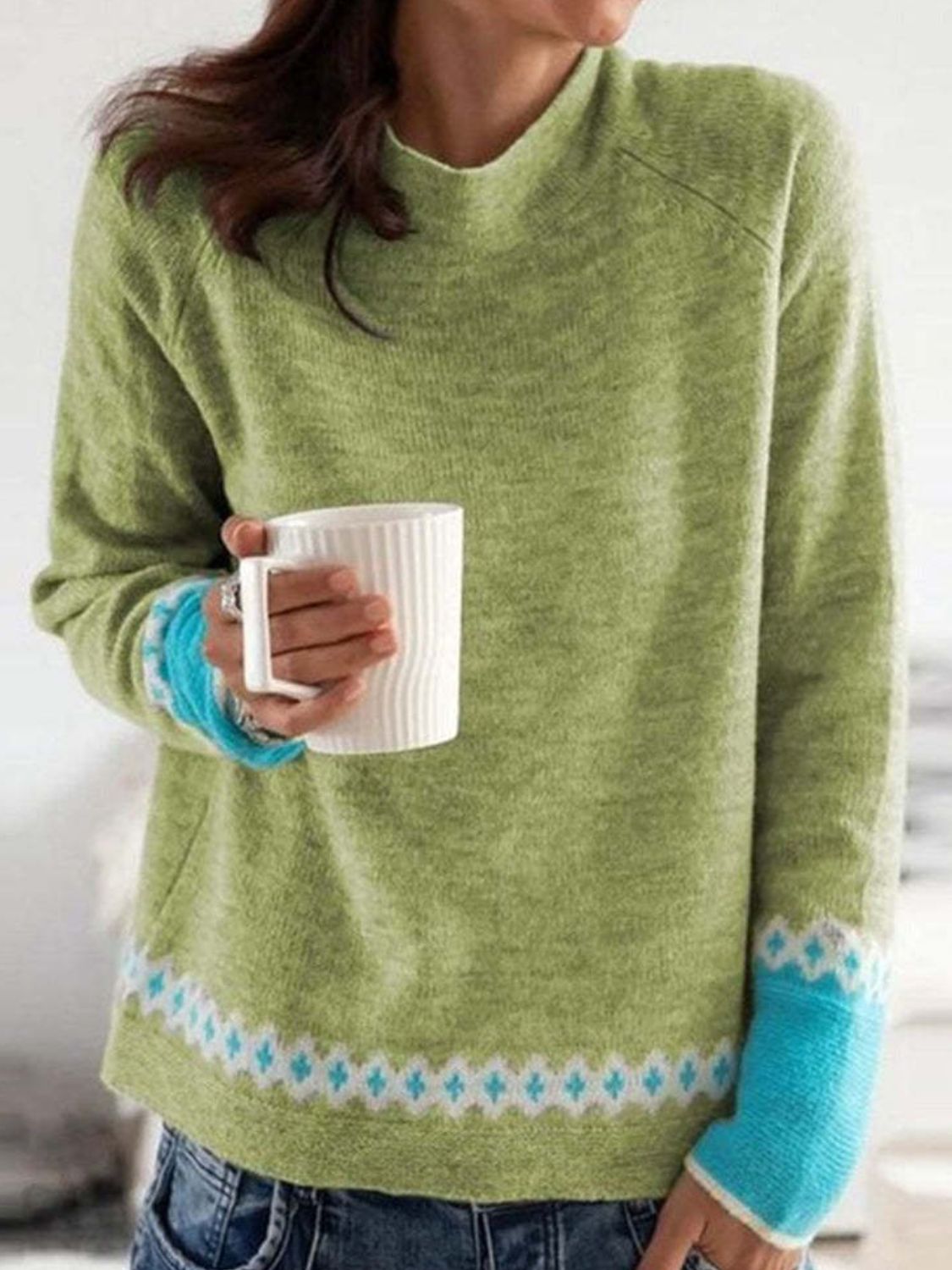 Contrast Round Neck Long Sleeve Sweater - Charming Charlie