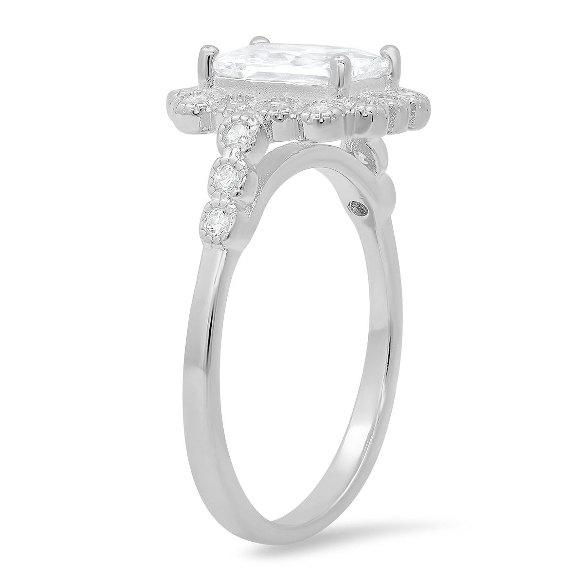 Sterling Silver Emerald-cut CZ Halo Floral Ring - Charming Charlie