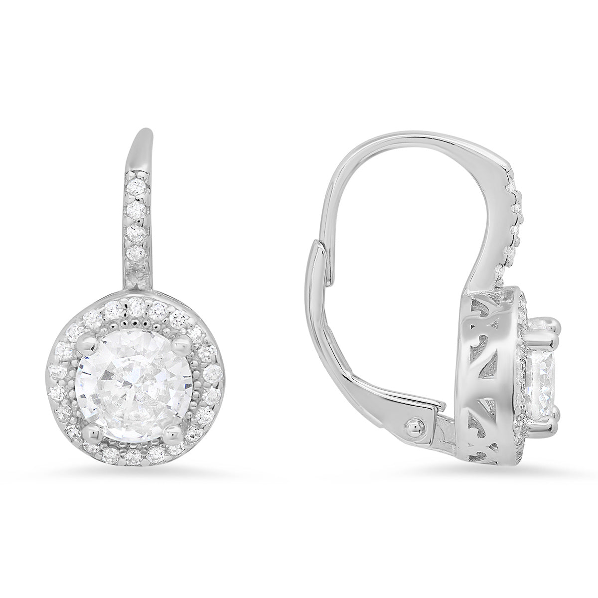 Sterling Silver Diamond Halo Leverback Earrings - Charming Charlie