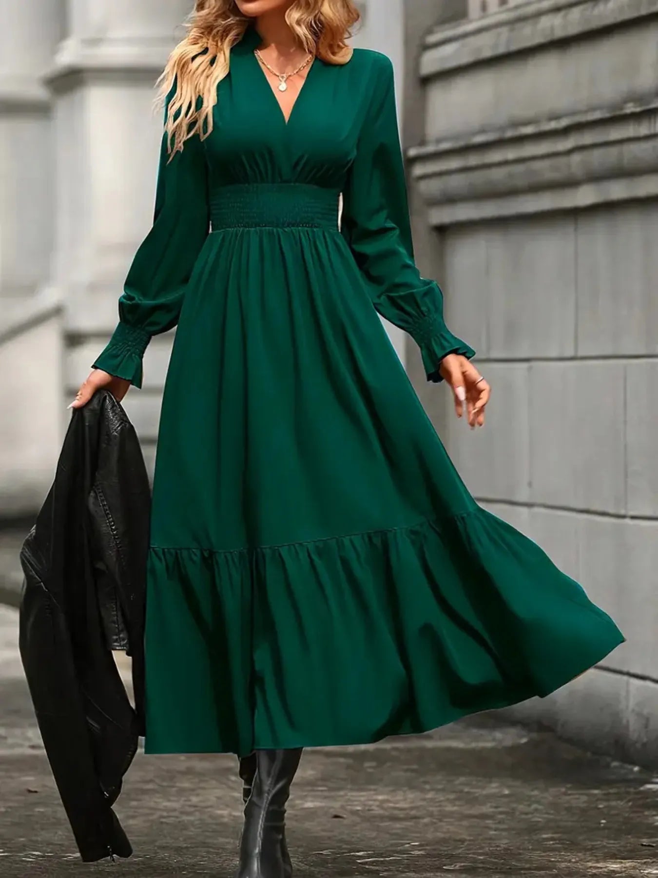 Notched Long Sleeve Tiered Dress Burgundy / XL Notched Long Sleeve Tiered Dress Burgundy / XL