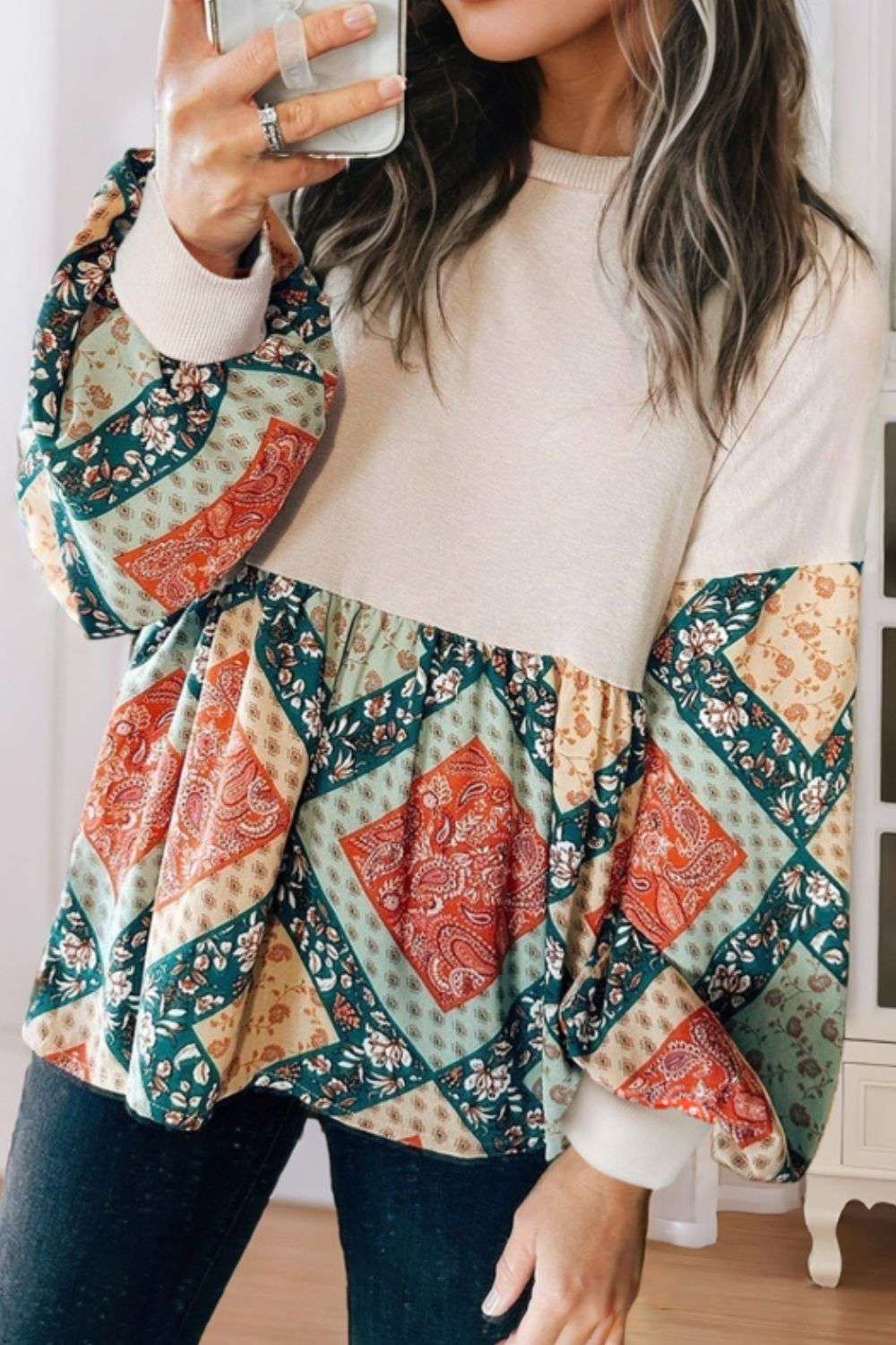 Printed Round Neck Long Sleeve Blouse - Charming Charlie