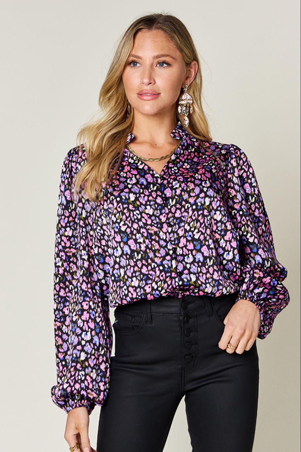 Double Take Full Size Printed Balloon Sleeve Shirt - Charming Charlie