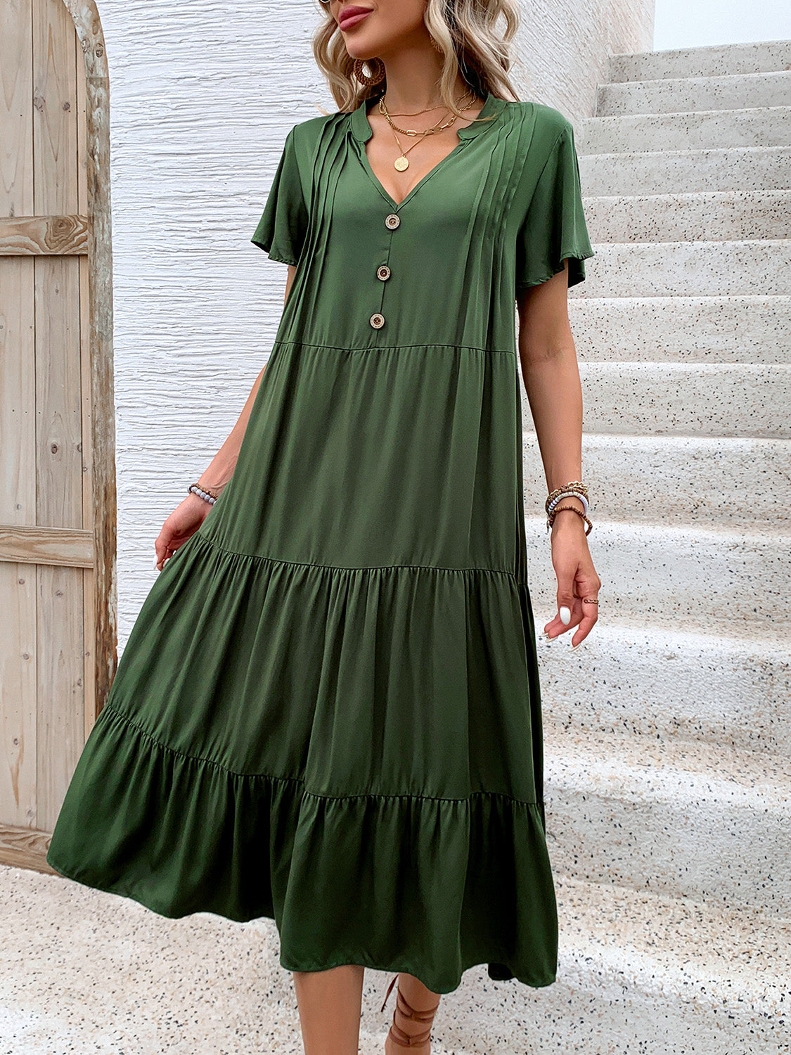 Tiered Notched Short Sleeve Dress main image 0