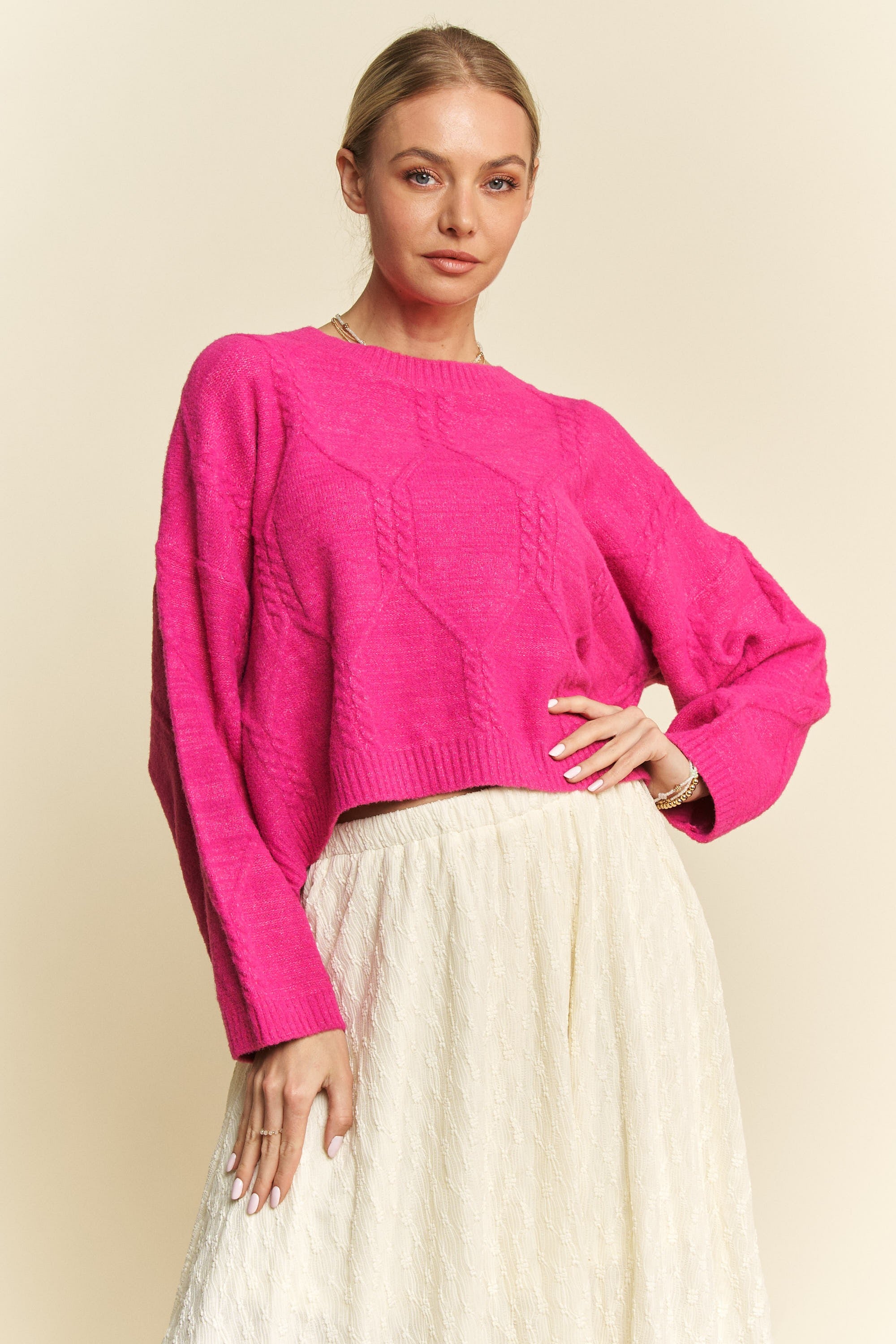 Davi & Dani Diamond Cable Pattern Drop Shoulder Sweater - Charming Charlie