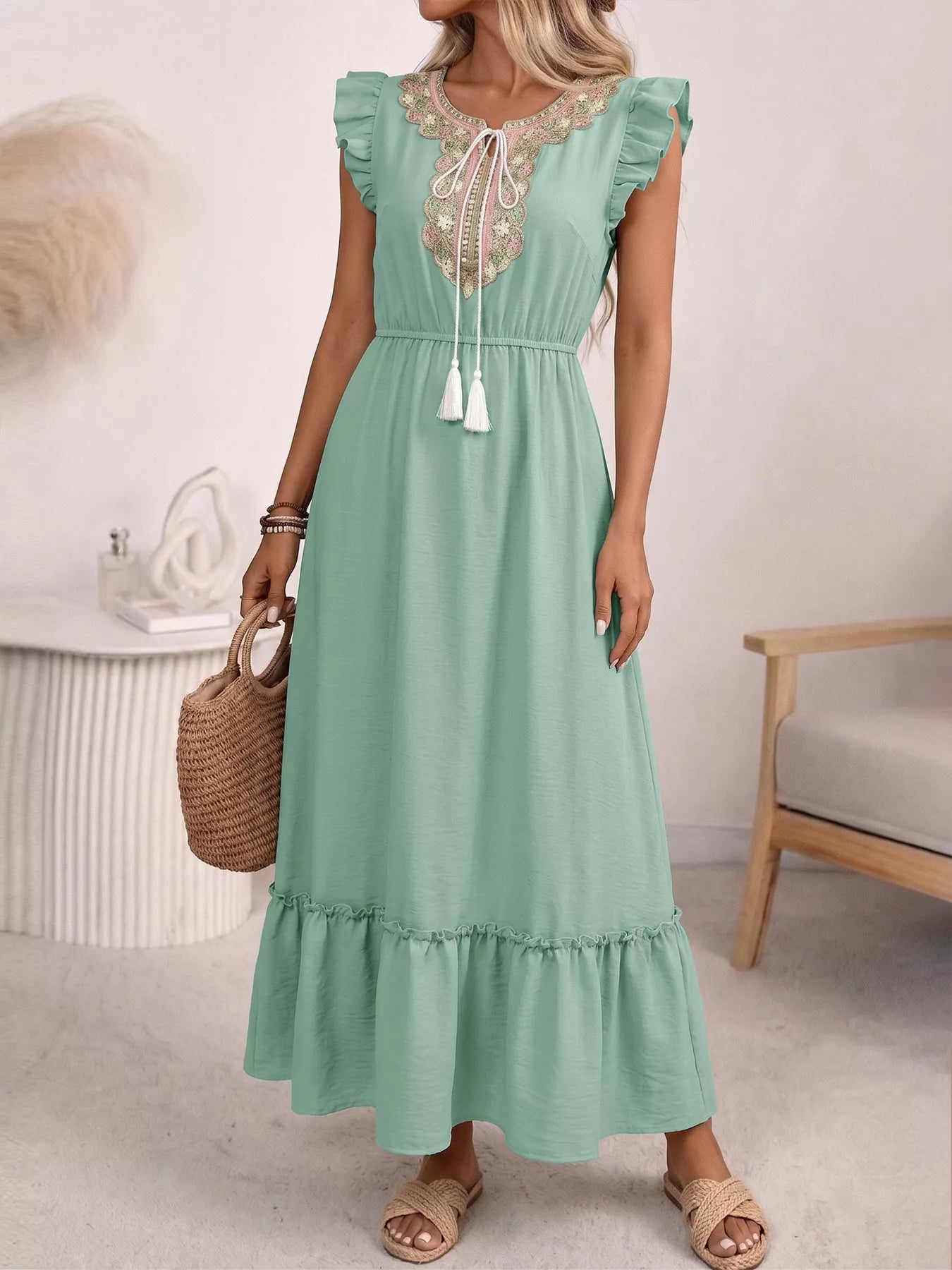 Tie Neck Ruffle Sleeve Maxi Dress  Charming Charlie