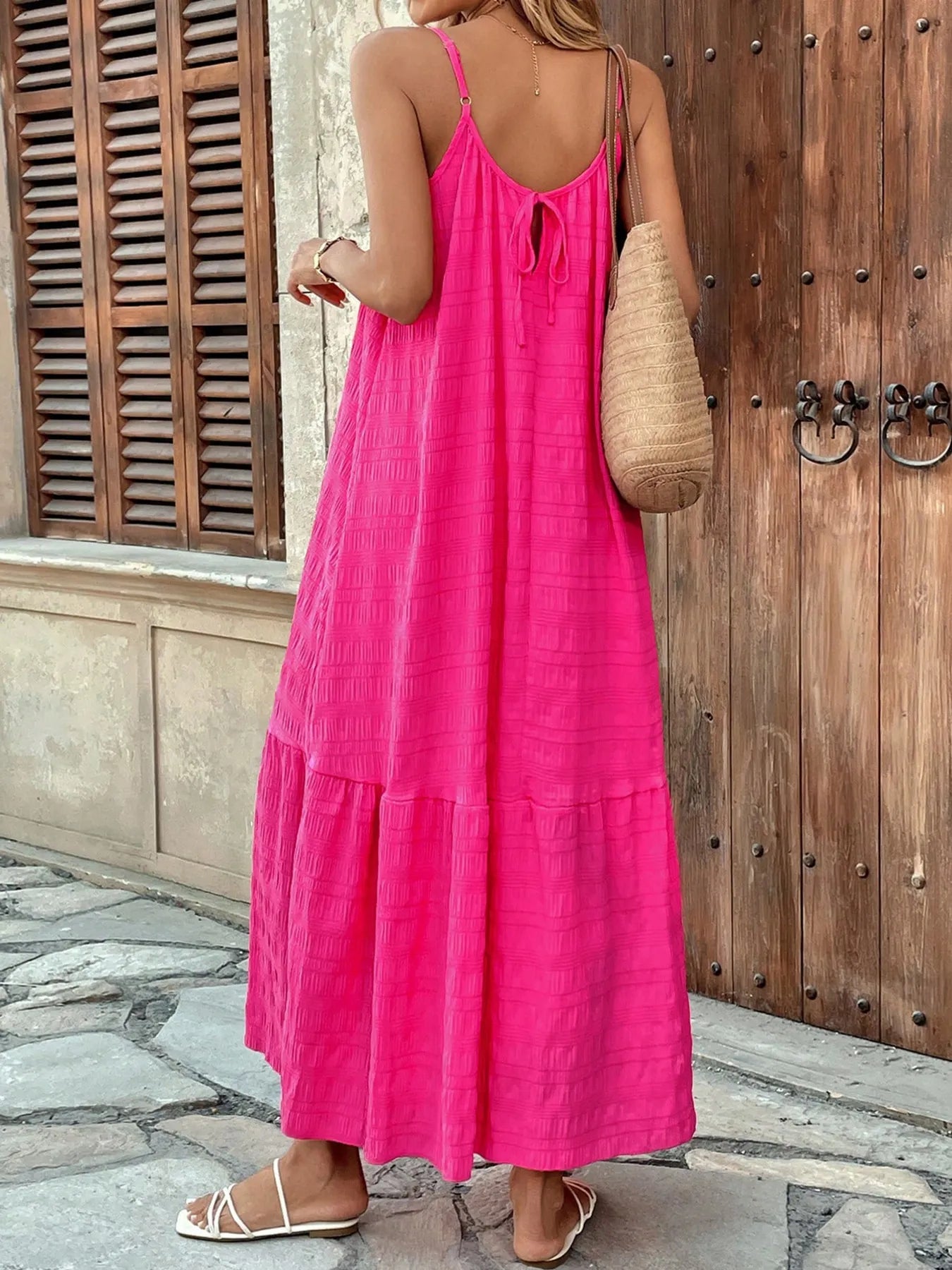 tiered pink maxi dress Scoop Neck Tiered Maxi Cami Dress Hot Pink / XL