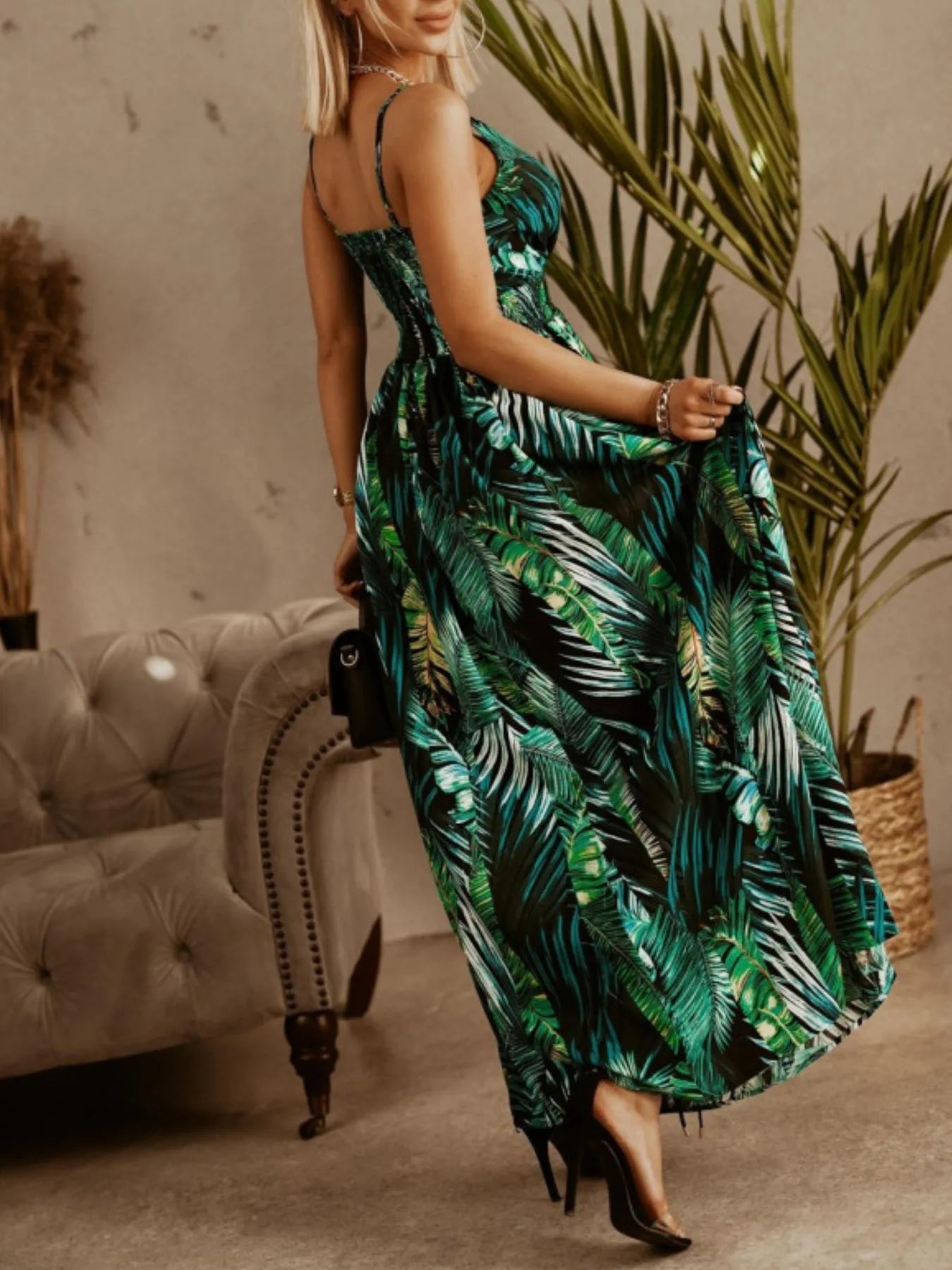 green spaghetti strap maxi dress Elegant Long Dark Green Spaghetti Straps Prom Dress With Ruffles main image 0