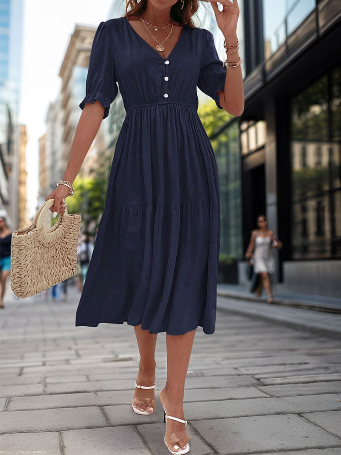 Ruched V-Neck Half Sleeve Midi Dress - Charming Charlie