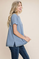 Cotton Bleu by Nu Lab Slit Striped Notched Short Sleeve T-Shirt - Charming Charlie