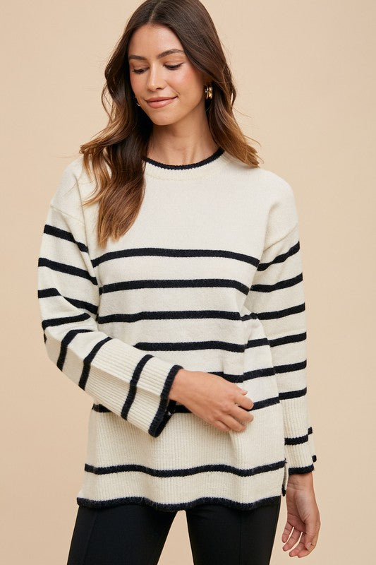 Annie Wear Side Slit Striped Round Neck Sweater - Charming Charlie