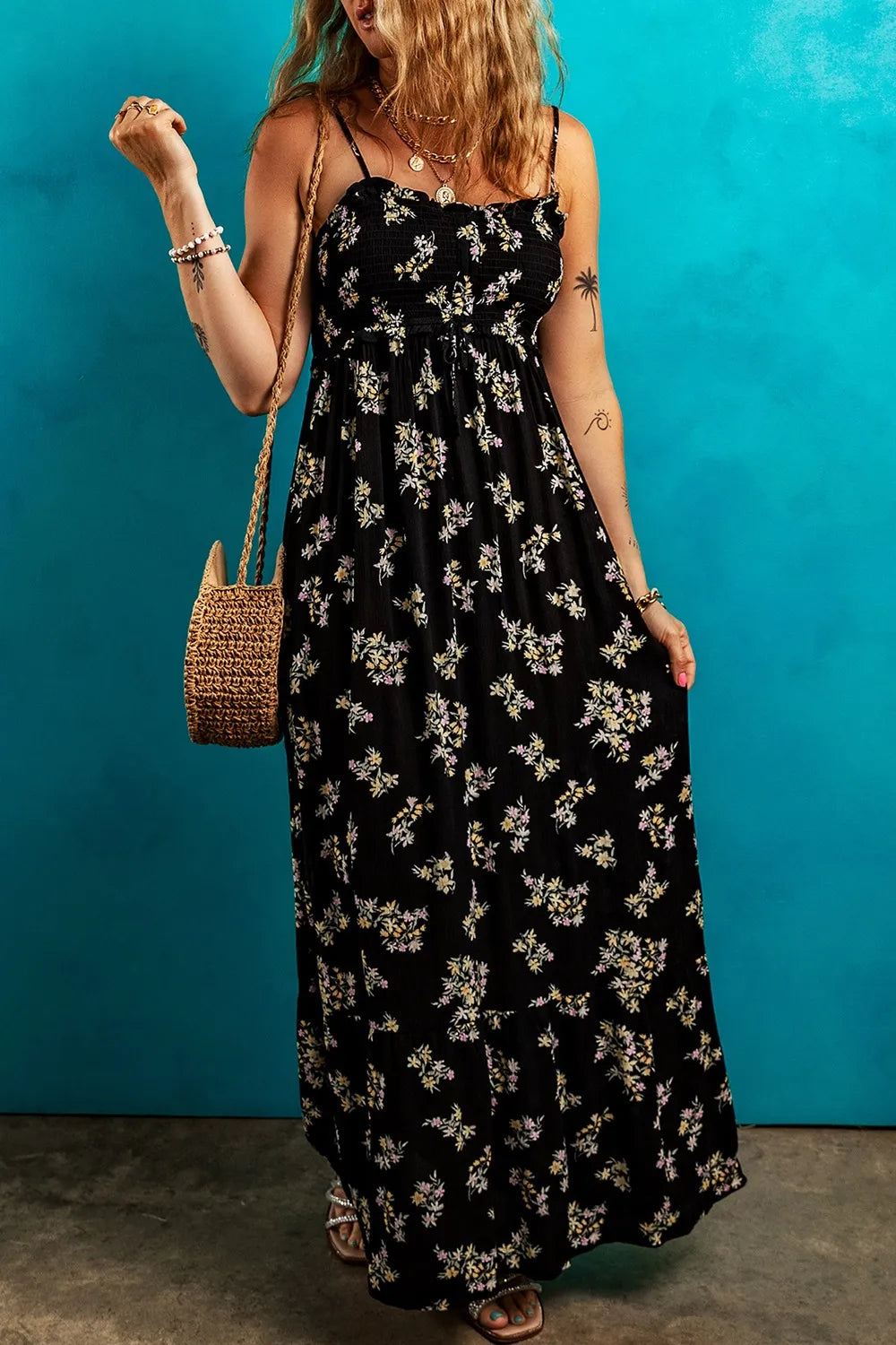 Floral Spaghetti Strap Shirred Bodice Tied Empire Waist Maxi Dress Charming Charlie Floral Spaghetti Strap Shirred Bodice Tied Empire Waist Maxi Dress Charming Charlie