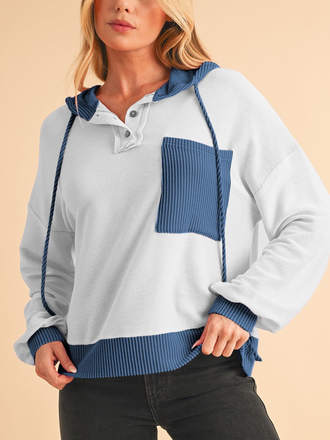 Corded Color Block Drawstring Hoodie - Charming Charlie