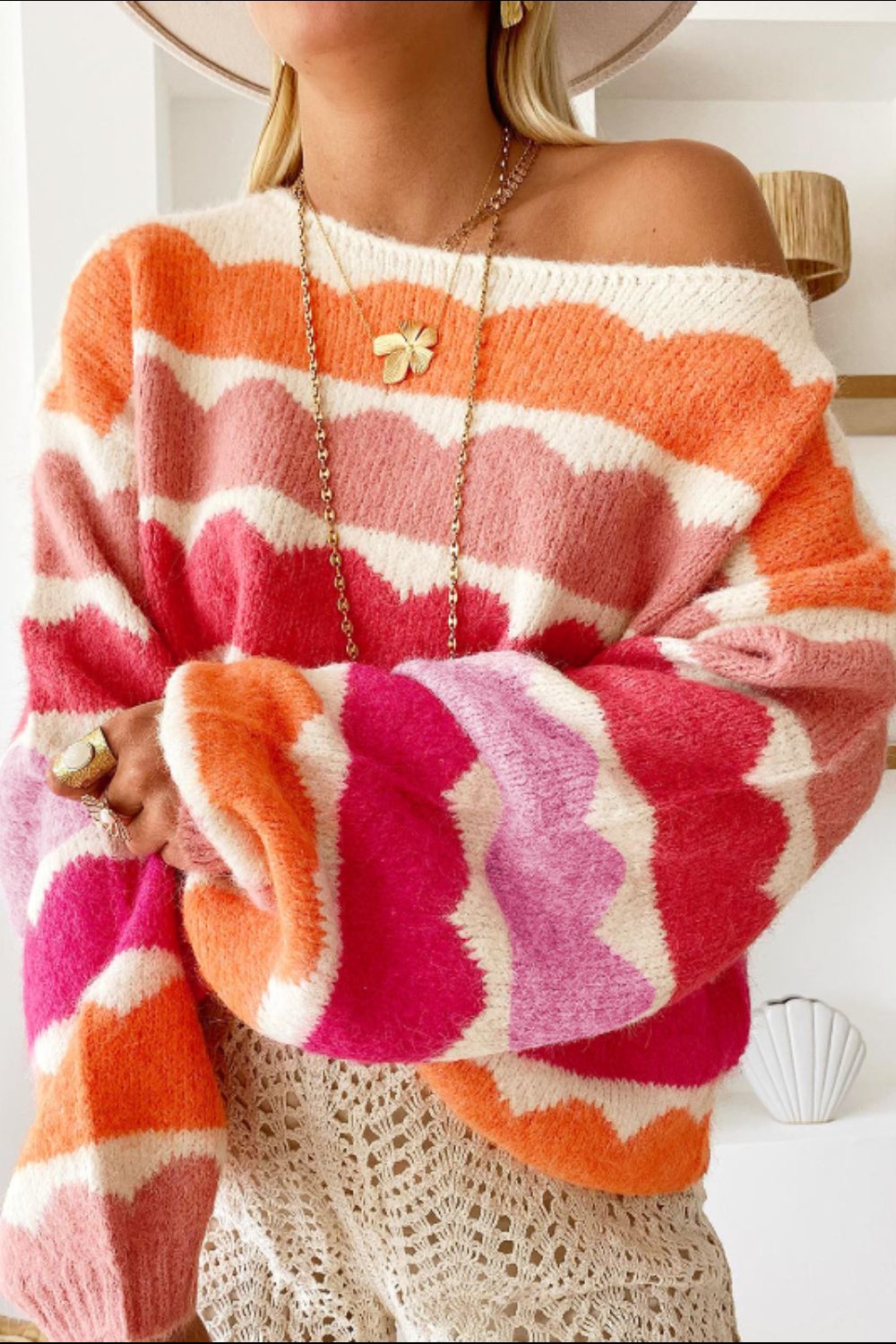 Contrast Boat Neck Long Sleeve Sweater - Charming Charlie