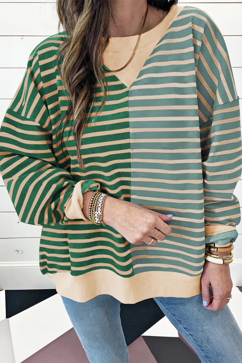 Contrast Stripes Round Neck Long Sleeve Sweatshirt - Charming Charlie