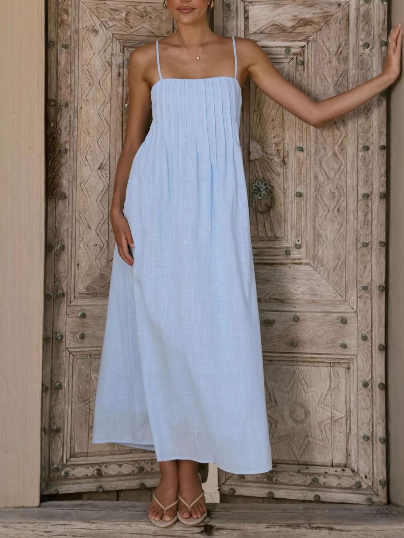 Pleated Bodice Midi Cami Dress Light Blue / L