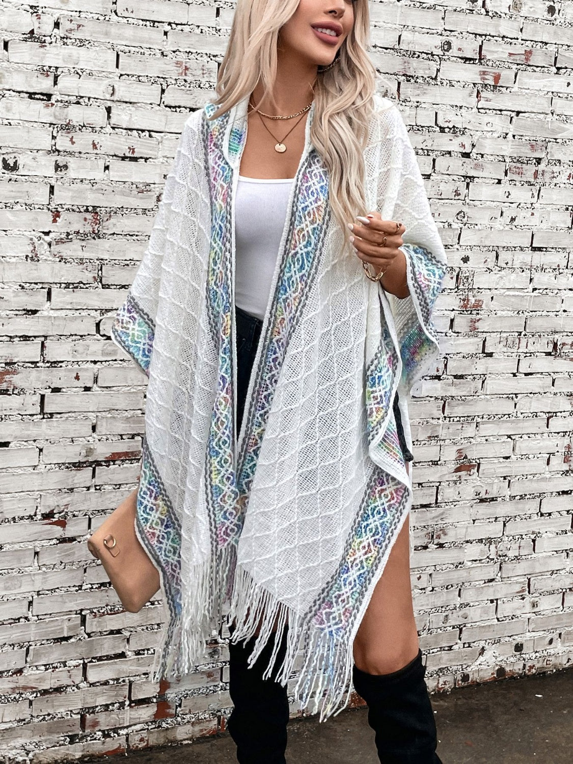Fringe Half Sleeve Hooded Poncho - Charming Charlie
