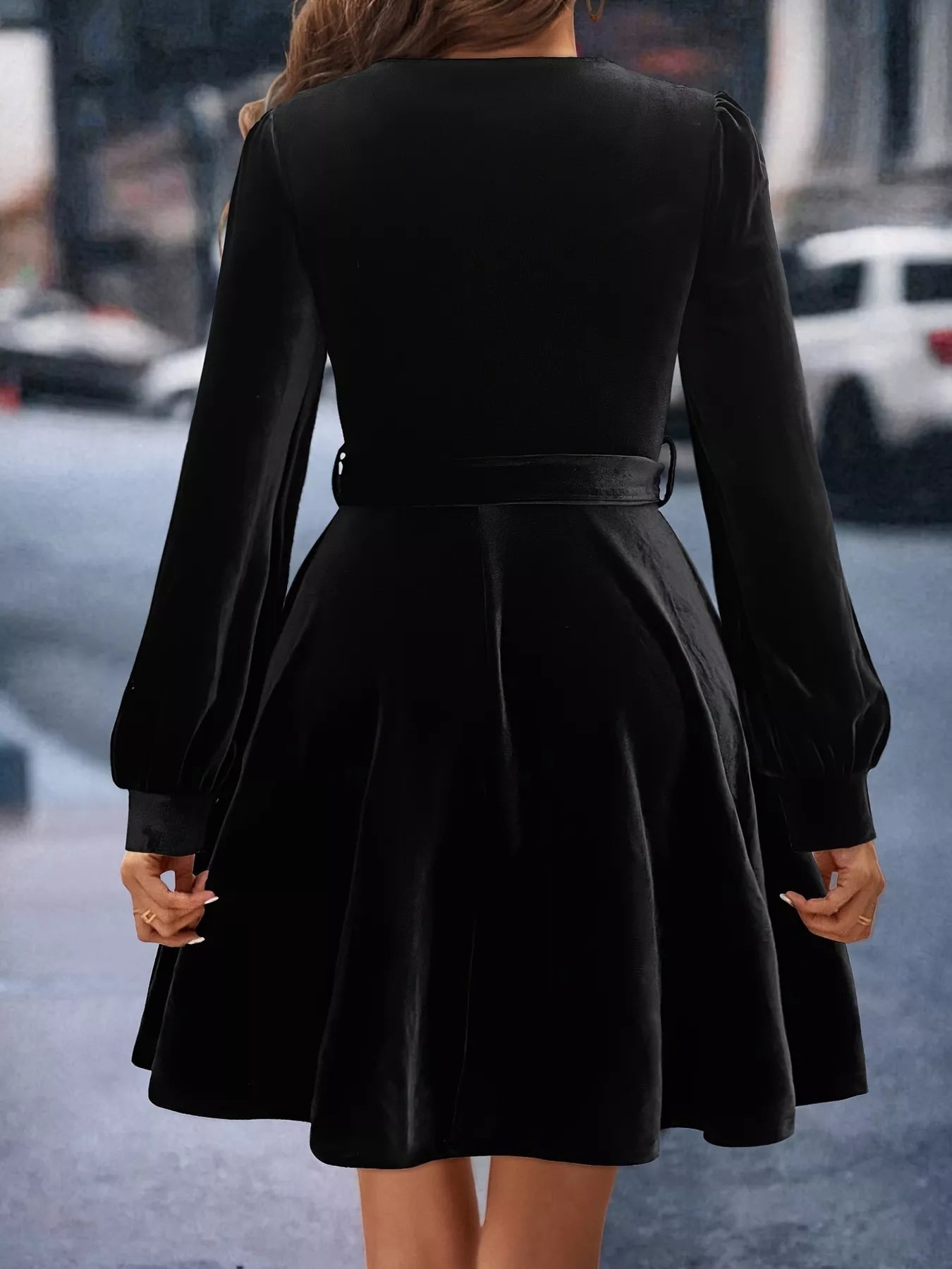 Velvet Long Sleeve A-Line Dress Black / L Velvet Long Sleeve A-Line Dress Black / L