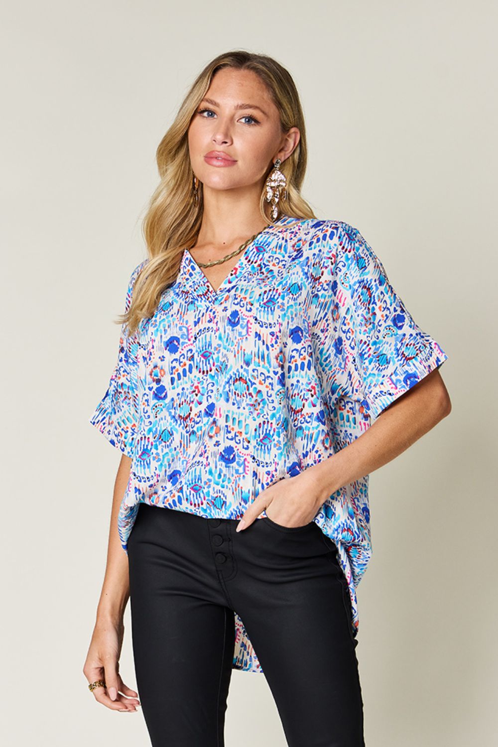 Double Take Full Size Printed V-Neck Short Sleeve Blouse - Charming Charlie