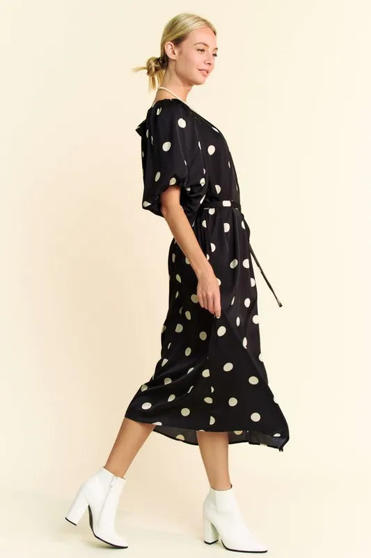 polka dot waist tie midi dress Davi & Dani Polka Dot Puff Sleeves Waist Tie Midi Dress – Charming Charlie