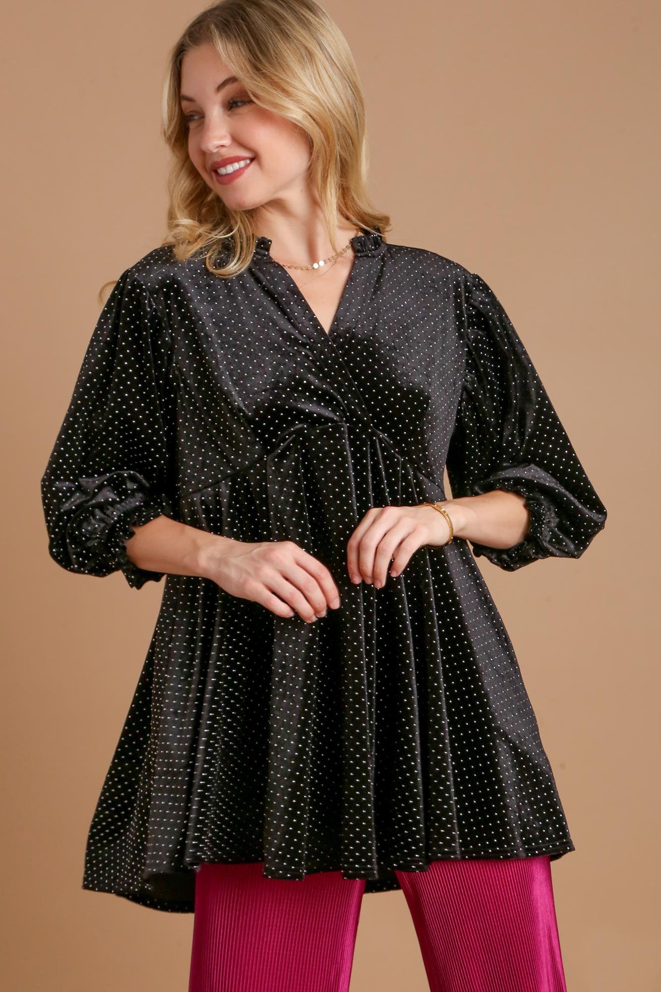 Umgee Full Size Beaded Frill Flounce Sleeve Velvet Babydoll Blouse - Charming Charlie