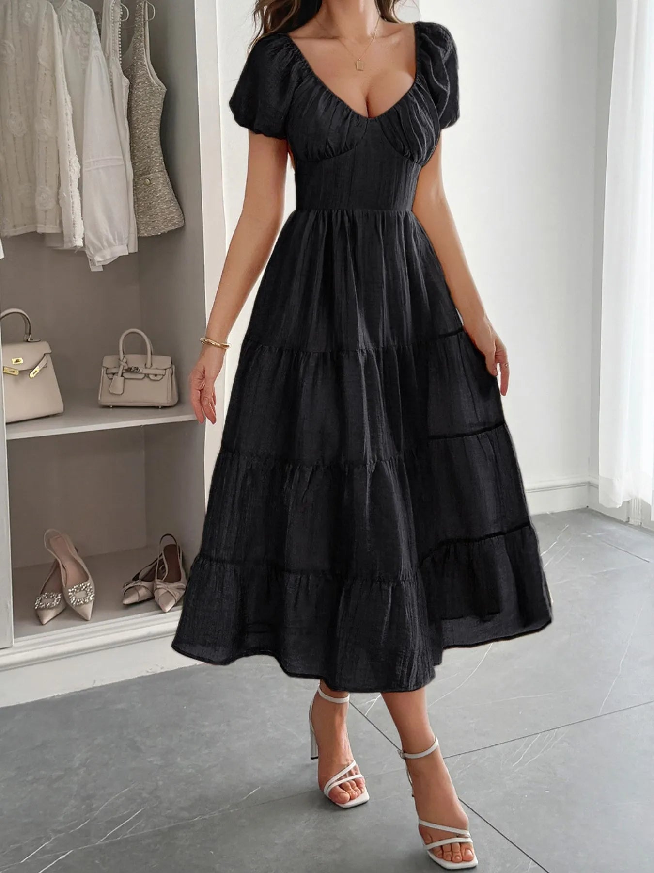 Backless Tiered Puff Sleeve Midi Dress Black / S