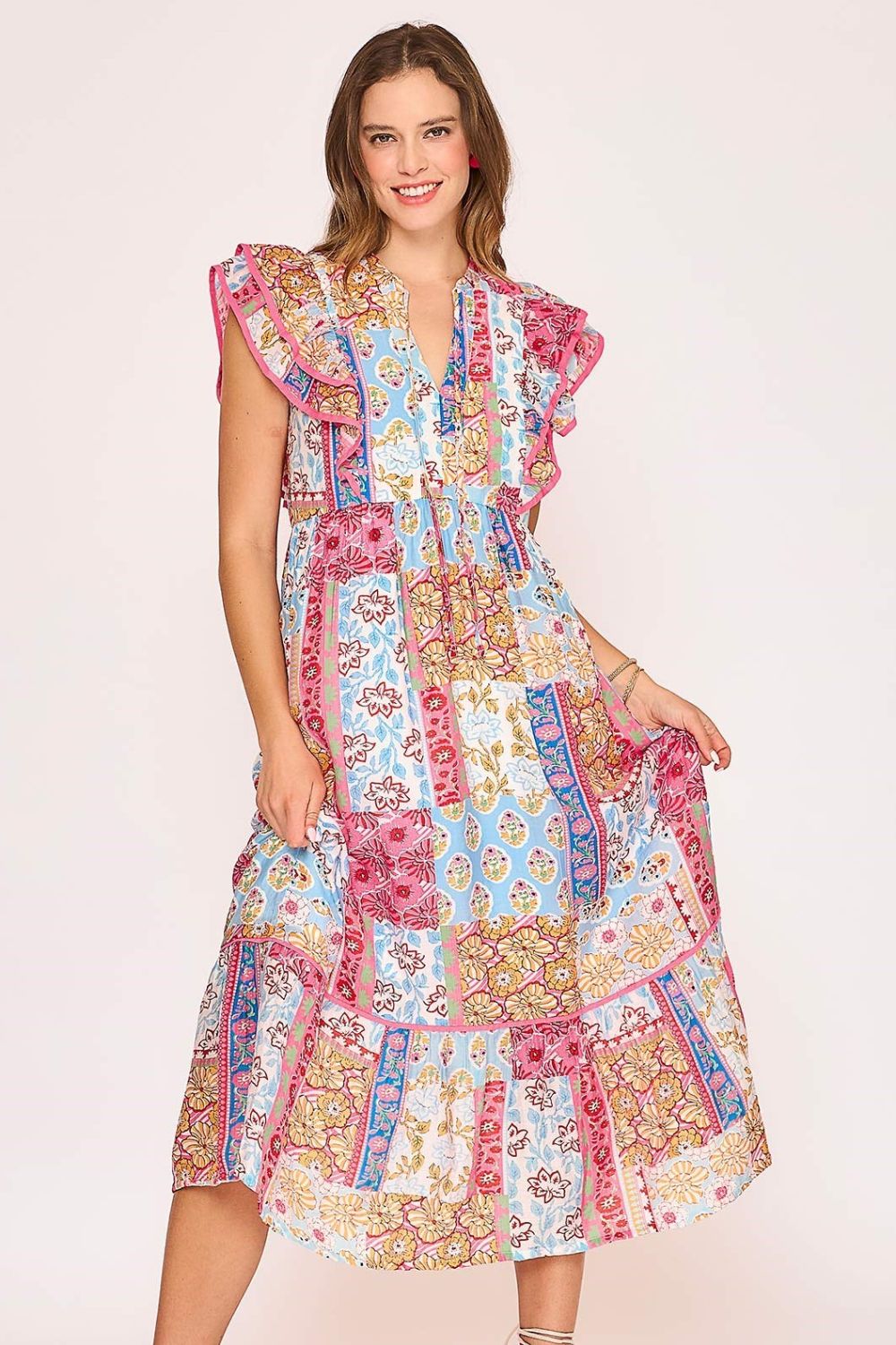 Umgee Full Size Tie Neck Double Layered Ruffle Sleeve Midi Dress Plus Charming Charlie Umgee Full Size Tie Neck Double Layered Ruffle Sleeve Midi Dress Plus Charming Charlie