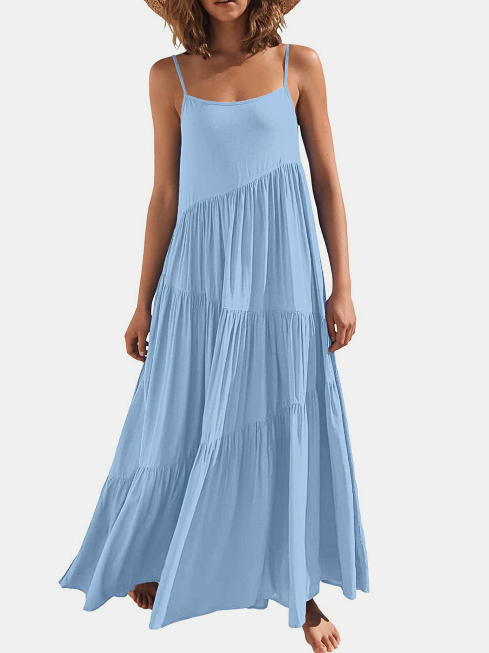 Spaghetti Straps Ruched Tiered Dress With Slit Marigold