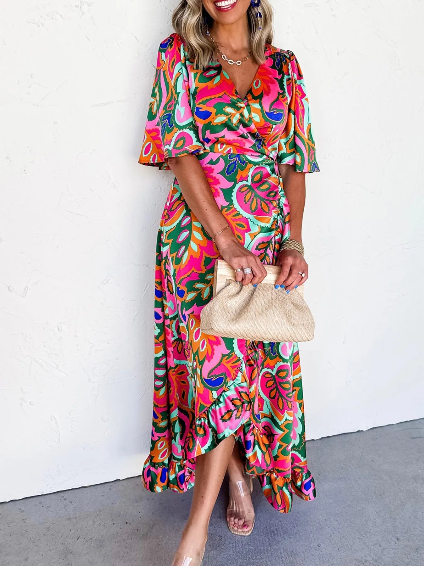 ruffle sleeve printed wrap maxi dress Floral Print Wrap Maxi Dress with Ruffle Details Deep Red / S