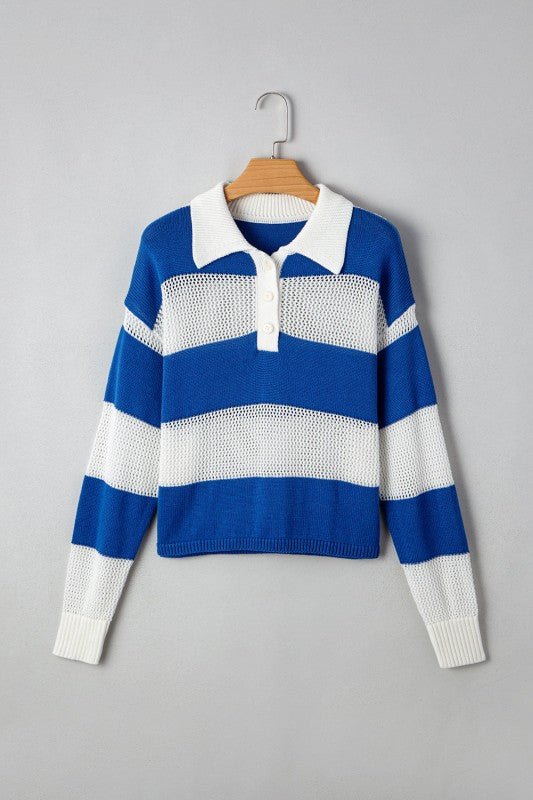 Genevieve Stripe Collar Eyelet Crochet Knitted Swe – Charming Charlie