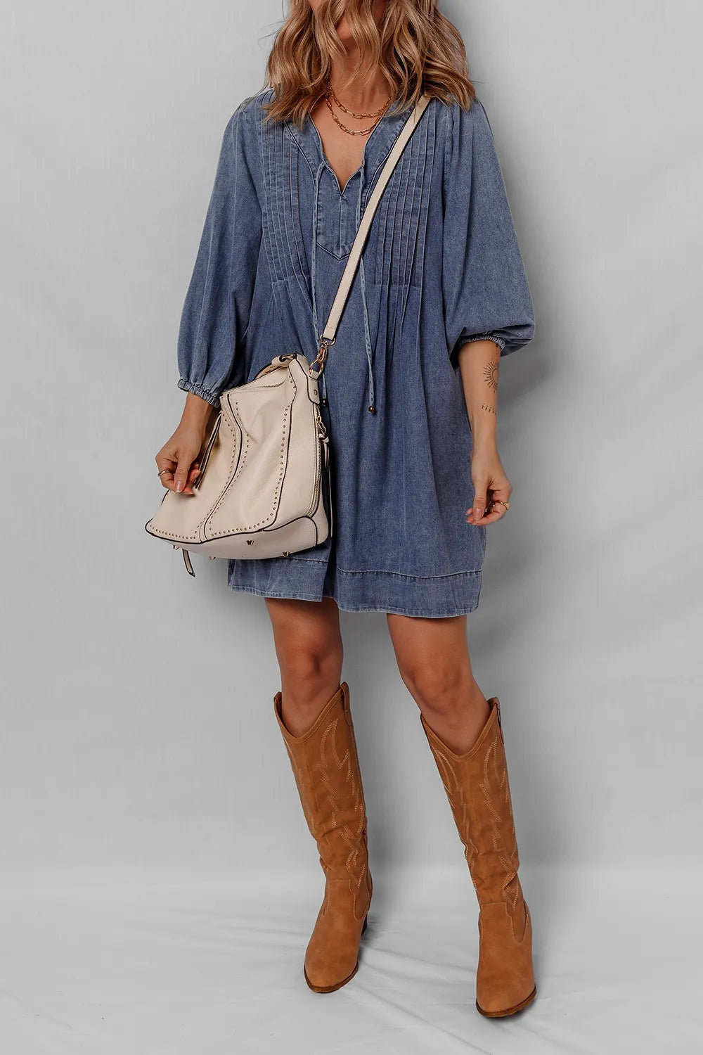 Tie Neck Long Sleeve Mini Denim Dress Dark / M Tie Neck Long Sleeve Mini Denim Dress Dark / M