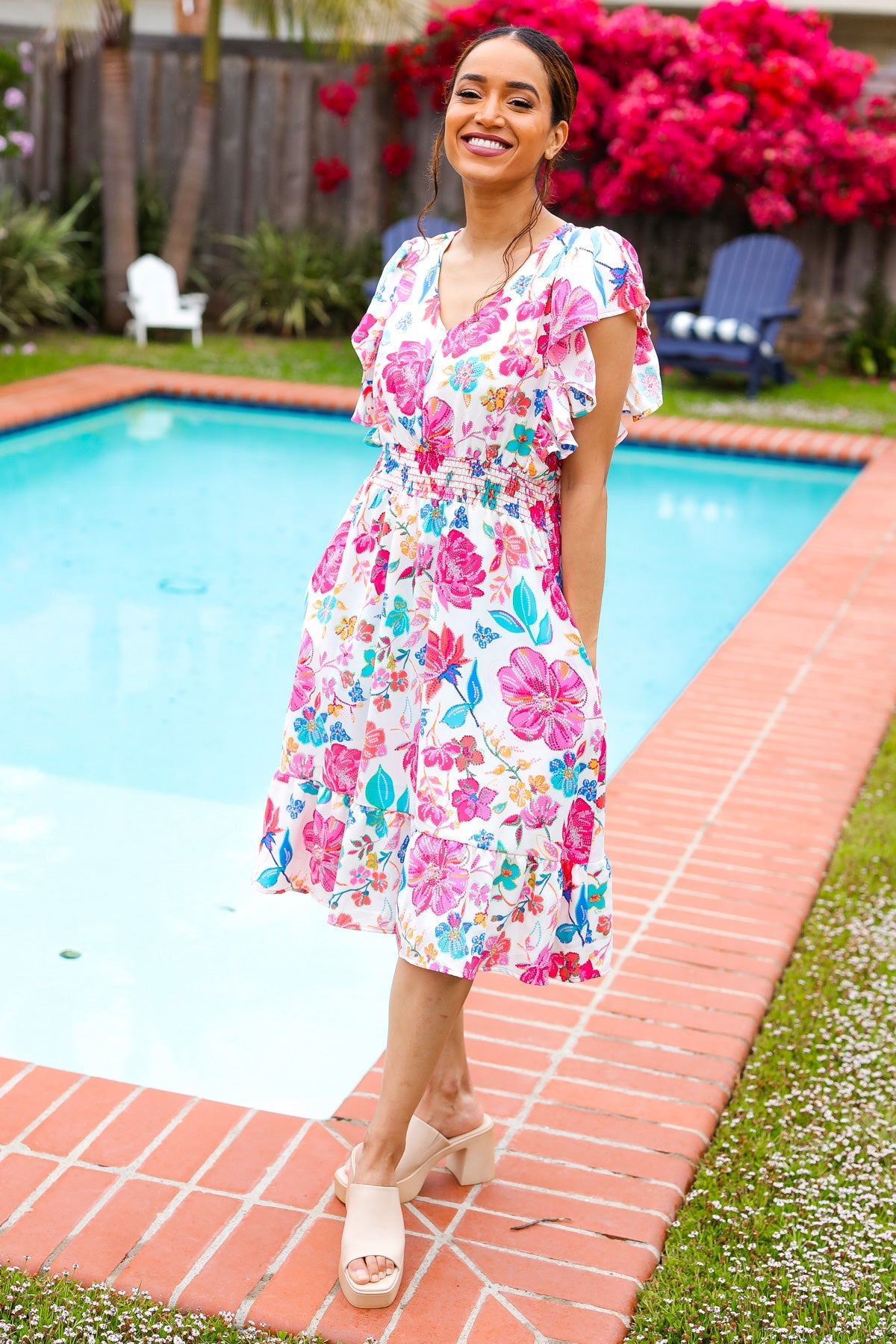 Hello Beautiful Ivory & Fuchsia Floral Sequin Smock Waist Midi Dress - Charming Charlie