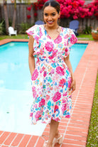 Hello Beautiful Ivory & Fuchsia Floral Sequin Smock Waist Midi Dress - Charming Charlie