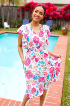 Hello Beautiful Ivory & Fuchsia Floral Sequin Smock Waist Midi Dress - Charming Charlie