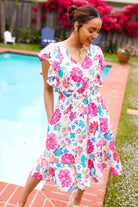 Hello Beautiful Ivory & Fuchsia Floral Sequin Smock Waist Midi Dress - Charming Charlie